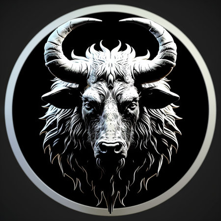 This stock image features a meticulously detailed black and white illustration of a bisonâs head. The bisonâs strong facial features and large, curved horns are intricately designed with fine lines, showcasing its fur detail and adding to its majestic appearance.の素材