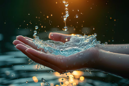This stock image captures a serene moment where hands are gently cupping water, showcasing the dance of droplets suspended in mid-air. The droplets are illuminated by the golden sunset light, creating a sparkling effect that adds a magical touch to the scene.の素材