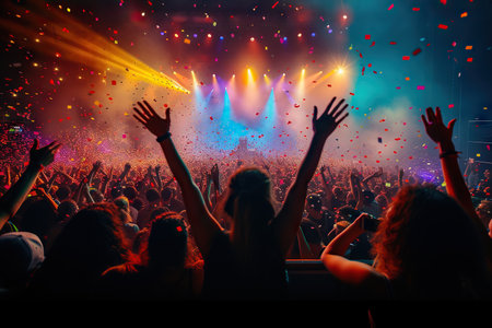 This image captures the essence of a live music concert, where an ecstatic crowd is immersed in a spectacular light show. The audience, with their hands raised, is enveloped in an atmosphere of euphoria accentuated by colorful lights and confetti rain.の素材