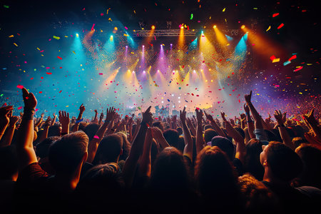 This image captures the essence of a live music concert, where an ecstatic crowd is immersed in a spectacular light show. The audience, with their hands raised, is enveloped in an atmosphere of euphoria accentuated by colorful lights and confetti rain.の素材