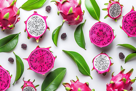 A top view of an assortment of sliced dragon fruits, whole blackberries, and green leaves artistically arranged on a white backdrop. The image exudes freshness and is perfect for content related to healthy eating, natural foods, or vegetarian and vegan lifestyles.の素材
