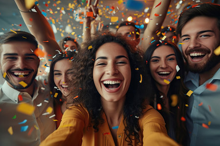 This image captures the essence of celebration. A group of individuals are immersed in a moment of joy, surrounded by colorful confetti that fills the air. The warm lighting enhances the atmosphere.の素材