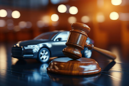 This image captures the essence of a legal proceeding involving wealth. A meticulously crafted wooden gavel rests on its stand, symbolizing the impending judgment. Adjacent to it, a finely detailed model of a luxury car signifies wealth or property under scrutiny.の素材