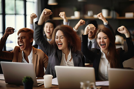 This captivating image captures the essence of success and unity, showcasing a group of professionals raising their fists in triumph. The individuals are depicted amidst a moment of celebration.の素材