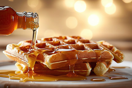 This image captures a delightful moment where golden maple syrup is being poured generously over freshly made waffles. The syrup cascades down the textured surface of the waffles, highlighting their crisp edges and soft centers.の素材