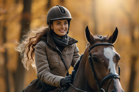 Capture the essence of a peaceful autumn ride with this stunning image. An equestrian, adorned in professional riding attire, gracefully sits atop a beautiful horse. They are surrounded by the mesmerizing golden hues of fall.の素材