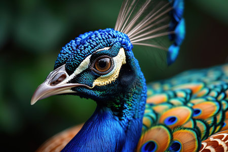 This image captures a stunning peacock in full display, showcasing its vibrant and colorful feathers. The birdâs iridescent plumage, adorned with eye-catching patterns, radiates against the serene backdrop of a lush garden. Every detail.の素材