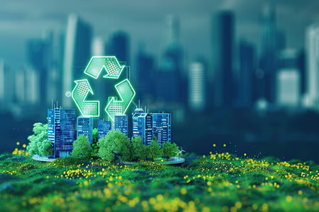 This mesmerizing image features an illuminated recycle symbol that stands out amidst a cityscape teeming with greenery, symbolizing the harmonious integration of urban development with eco-friendly initiatives.の素材