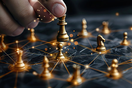This stock image captures the essence of strategy and decision-making. A hand is seen making a move in chess, with golden network lines illuminating the dark background, symbolizing connections and strategic thinking.の素材