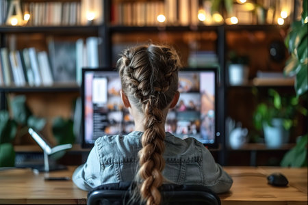 This image captures a young girl, her back to the camera, engrossed in a virtual class. The ambient lighting illuminates her focus and determination. The setting, with bookshelves filled with books visible in the reflection on the computer screen.の素材