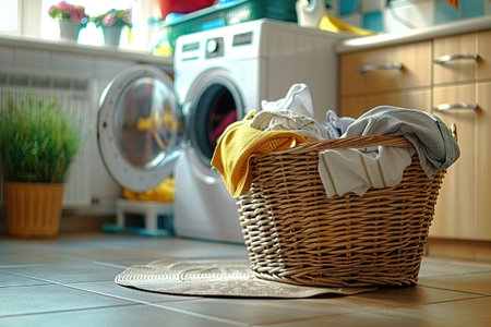 This stock photo captures a typical scene in a home laundry room. A wicker basket, filled with an assortment of clothes, sits on a polished wooden floor, ready for washing.の素材