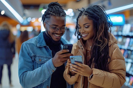 The image captures a joyful couple engrossed in the process of buying a new smartphone in a store. They are exploring the features of the device, their faces lit up with excitement. The store is well-lit and filled with a variety of digital devices.の素材