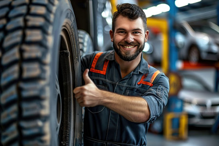 This image captures a joyful auto mechanic in his workspace, a well-equipped car repair shop. He is holding a car tire and showing a thumbs up sign, indicating a job well done or approval.の素材