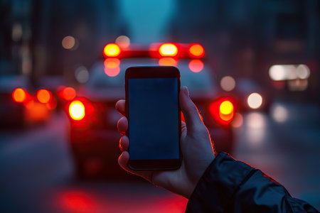 Man Holding Smartphone with Floating Numbers and Blank Space for Textの素材