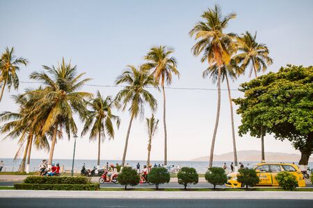 Vietnam. Nha Trang May 24, 2015. Beach strip with palm trees and highwayのeditorial素材