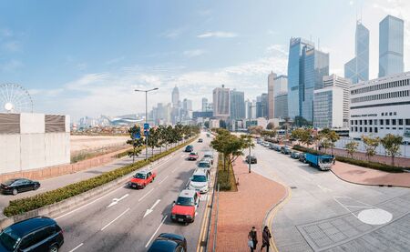 China Hong Kong 2016 December 31. Car traffic, panoramic view of skyscrapersのeditorial素材