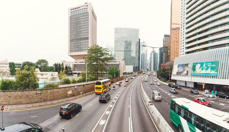 China Hong Kong 2016 December 31. Car driving, panoramic view of skyscrapers.のeditorial素材