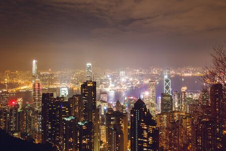 China Hong Kong 2016 December 31. Viewpoint Victoria Peak at night city.のeditorial素材