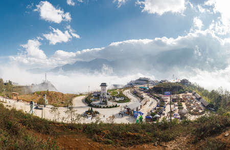 Sapa, Vietnam - January 15, 2018: Landscape view of Sun World Fansipan Legend cable car station with sunny cloudy skyのeditorial素材