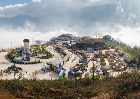 Sapa, Vietnam - January 15, 2018: Landscape view of Sun World Fansipan Legend cable car station with sunny cloudy skyのeditorial素材