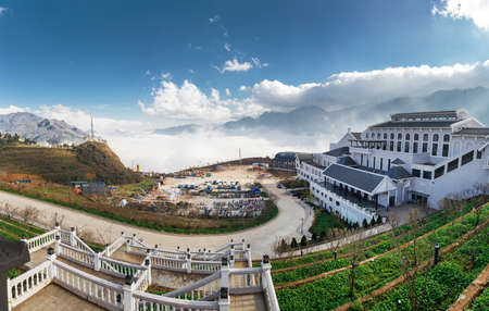 Sapa, Vietnam - January 15, 2018: Landscape view of Sun World Fansipan Legend cable car station with sunny cloudy skyのeditorial素材