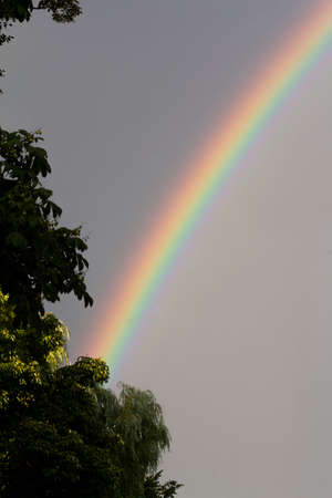 Rainbow bright in the sky after the storm. Amazing natural backgroundの写真素材
