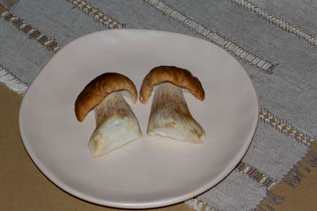 The wild mushroom king boletus is isolated on a plate on gray linen backgroundsの写真素材