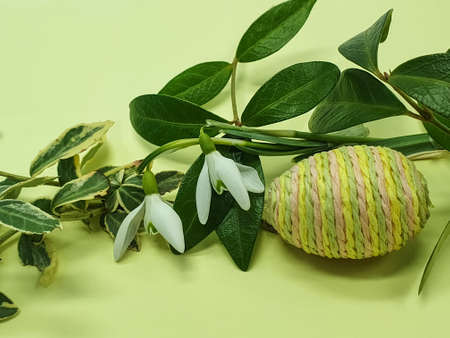 Colorful Easter egg and spring flowers on a yellow background. Easter greeting, postcard, copy space, easter decorationsの写真素材
