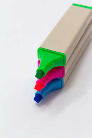Colorful markers, highlighter markers on white background. Copy space. Back to school