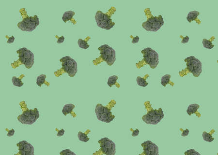 broccoli isolated on green background, raw healthy food background copy space horizontal. Seamless ornament for your designの写真素材