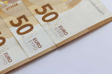 50 euro banknotes on white background. Money and financial concepts, copy space horizontalの写真素材