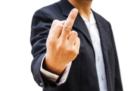 close up of man showing middle fingerの写真素材