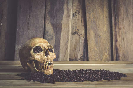 still life skull and bean coffee on wooden backgroundの写真素材