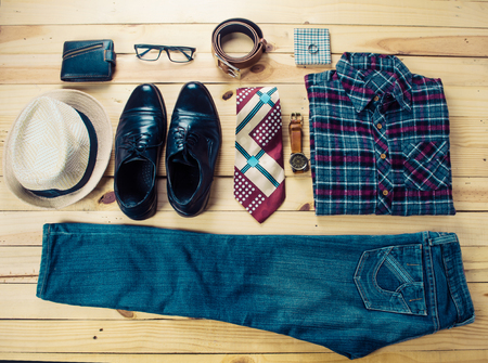 Clothing for mens on the wooden floorの写真素材