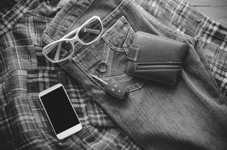 Travel accessories and costume tone black and whiteの写真素材