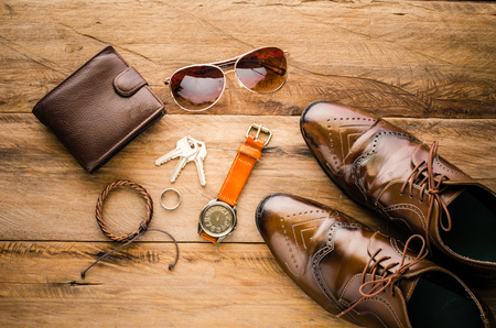 acceseries for men on the wooden floorの写真素材