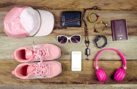 travel accessories on wood for tripの写真素材