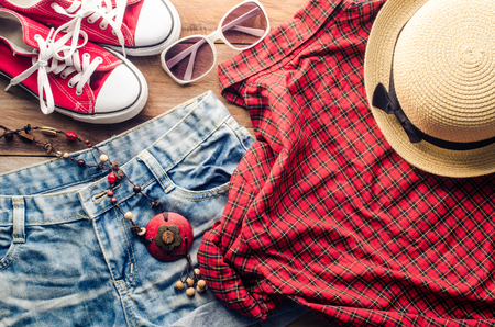 Clothing and accessories for women with summer on wood floorの写真素材