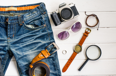 Travel accessories and costume on white backgroundの写真素材