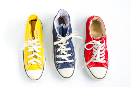 Multicolored sneakers on white backgroundの写真素材