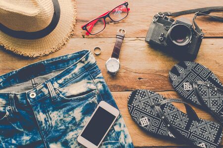 Travel accessories costumes. Passports, luggage, The cost of travel maps prepared for the trip