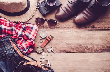 Travel accessories costumes. Passports, luggage, The cost of travel maps prepared for the tripの写真素材