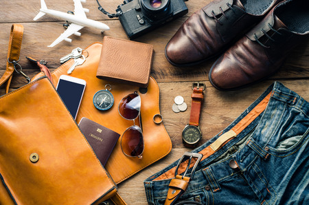 Travel accessories costumes. Passports, luggage, The cost of travel maps prepared for the trip