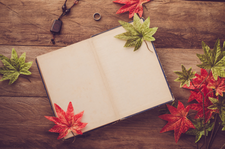 Maple leaf on wooden background at summer and notebook for your textの写真素材