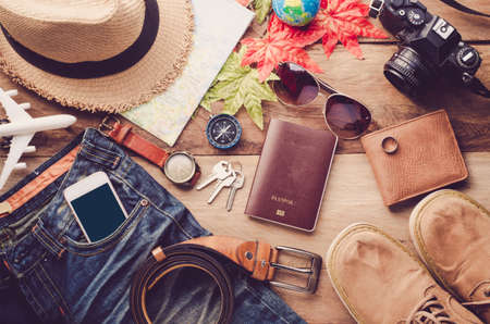 Travel accessories costumes. Passports, luggage, The cost of travel maps prepared for the tripの写真素材