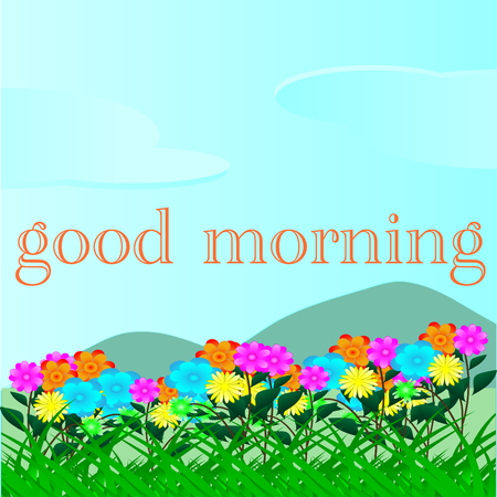 Colorful Flowers on mountain, good morning Prairies, Sky, Background For Design.のイラスト素材