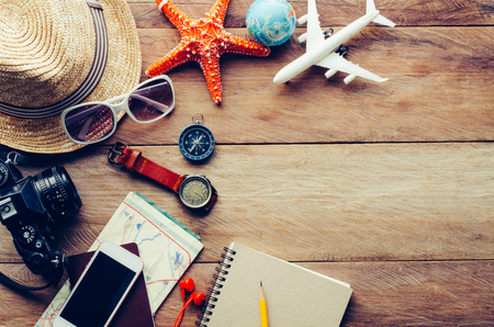 Travel accessories costumes. Passports, luggage, The cost of travel maps prepared for the tripの写真素材