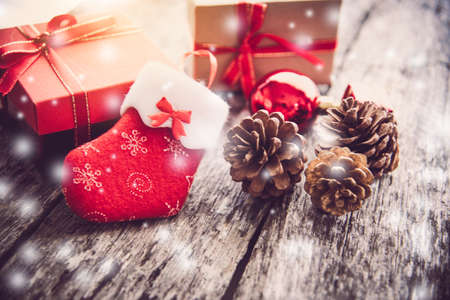 Decorations for Christmas celebrations are placed on wooden floors 