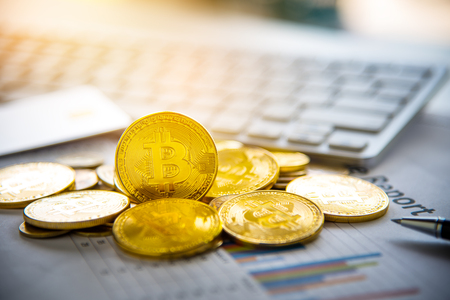 Bitcoin and its business-class laptop work and bring transactions across the network and help with today's business management, delivering fast and secure business.の写真素材