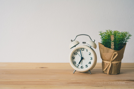 White alarm clocks and small wooden pots are placed on wooden floors.の写真素材